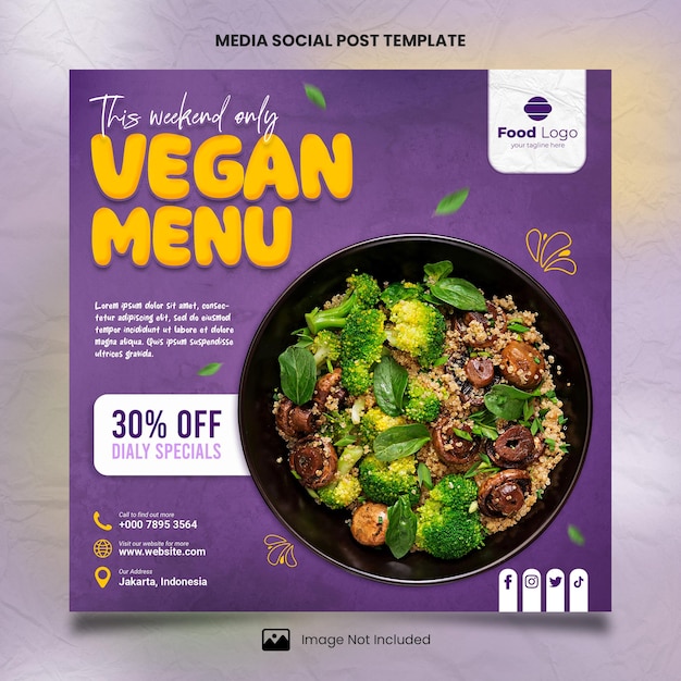 PSD modelo de postagem social de mídia de menu vegano de comida e restaurante