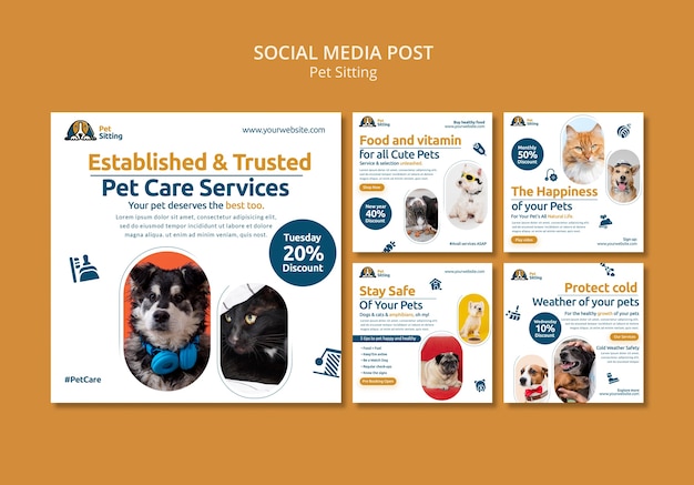 Modelo de postagens do instagram de animais de estimação de design plano