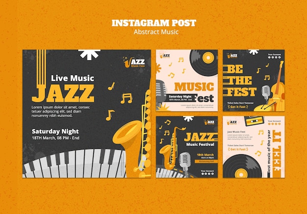 Modelo de postagens do instagram de festival de música desenhadas à mão