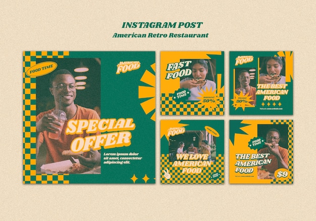 PSD modelo de postagens do instagram de restaurante retrô americano