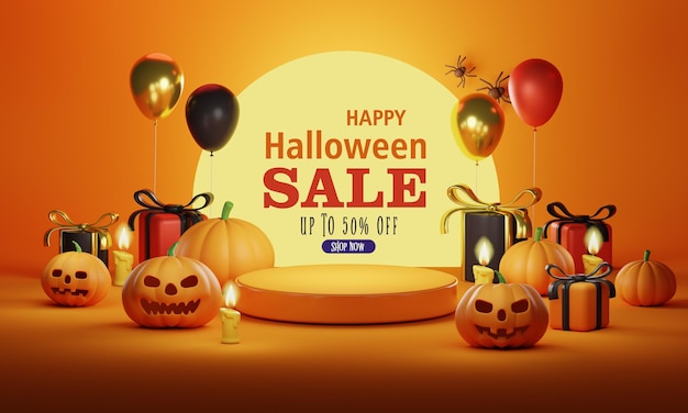 Modelo de pôster de promoção de venda de Halloween de renderização 3D com estágio de exibição do produto Abóboras de Halloween e balões fantasmas com luz da lua e fundo laranja Site assustador ou modelo de banner