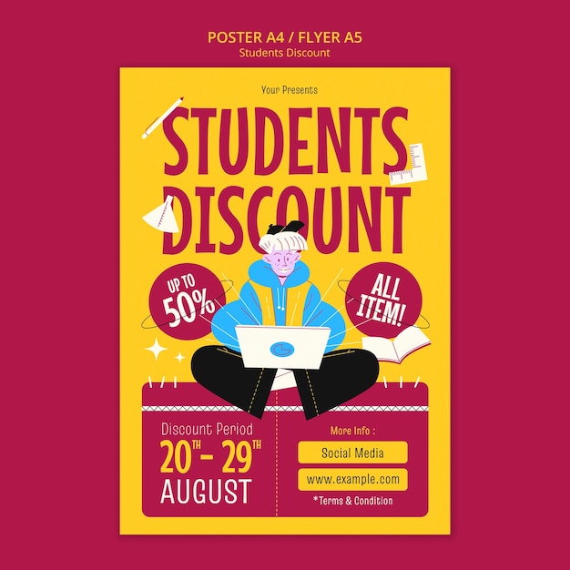 Modelo de pôster vertical para descontos e vendas para estudantes
