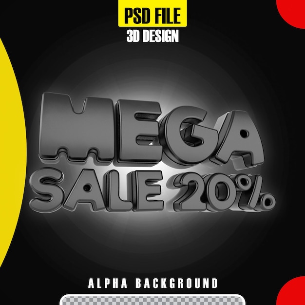 PSD modelo de promoção 20 de banner de mega venda 3d preto moderno