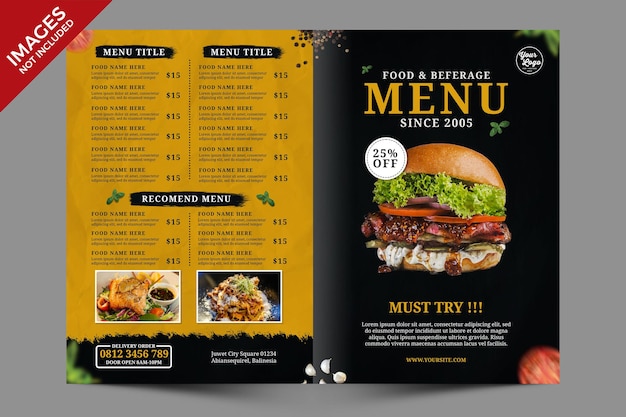 Modelo de promoção de menu de comida de restaurante escuro e amarelo bifold psd premium psd