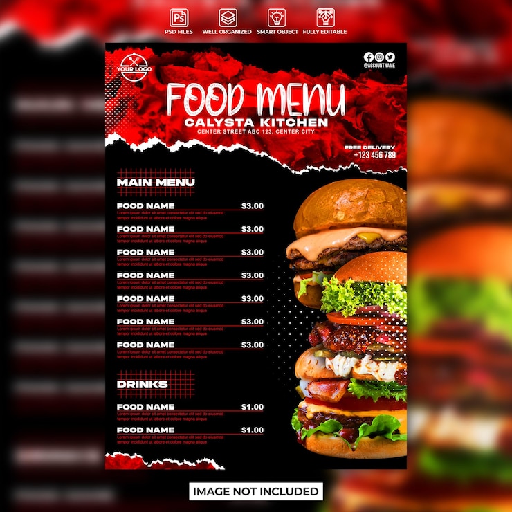 PSD modelo de promoção de menu de comida de restaurante
