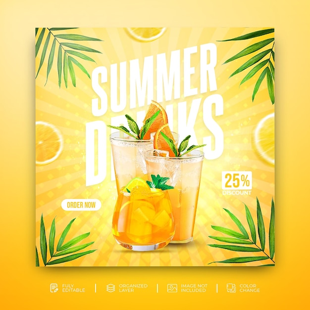 Modelo de psd de banner de promoção de mídia social de menu de bebida de verão