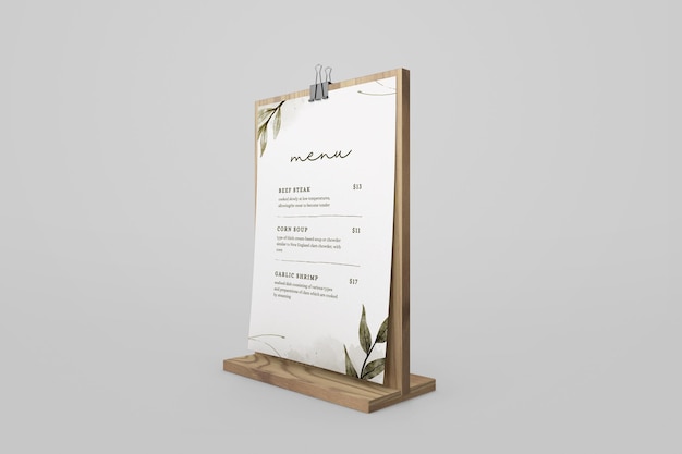 Modelo de PSD de maquete de mesa de suporte de menu de papel com fundo limpo