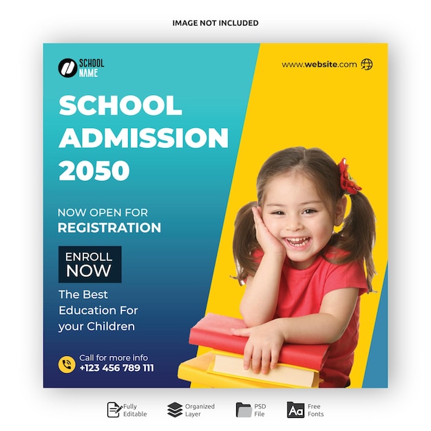 Modelo de PSD de postagem de mídia social de admissão na escola