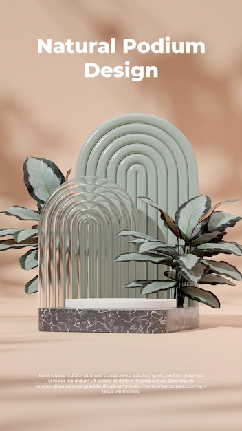 Modelo de renderização 3d branco e pódio de mármore em retrato com fundo marrom claro de planta calathea