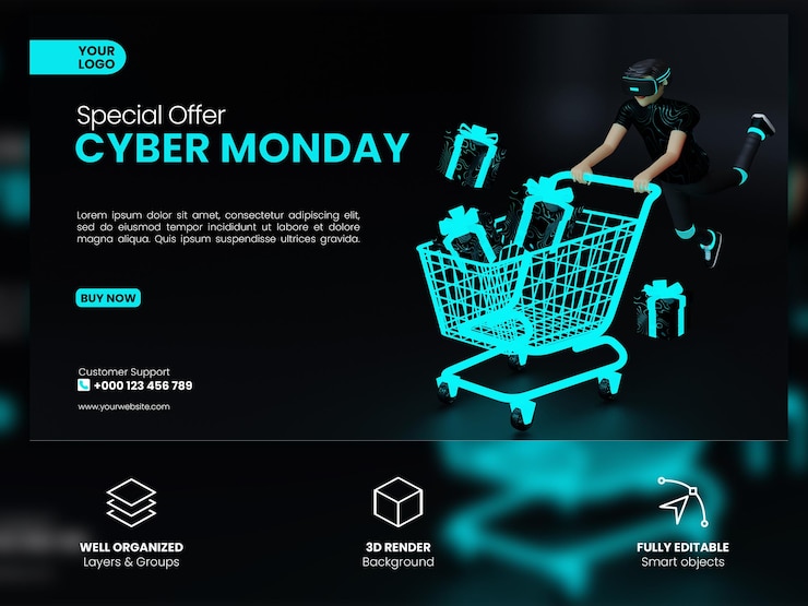 PSD modelo de renderização 3d de banner de promoção da cyber monday