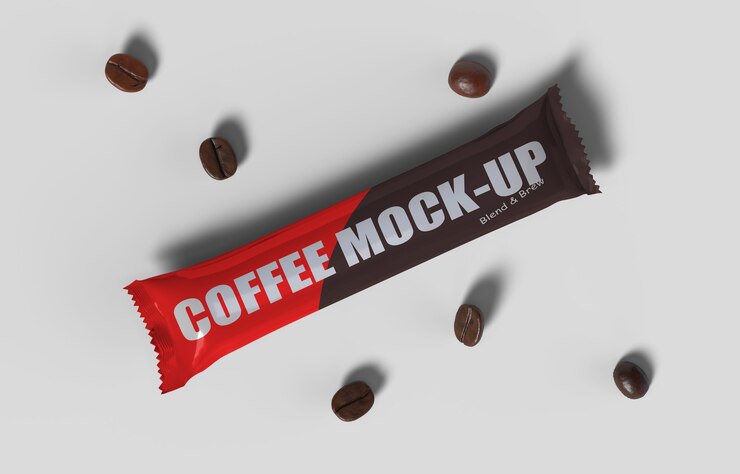 PSD modelo de renderização 3d do modelo de sachê de café para design de embalagem de produto
