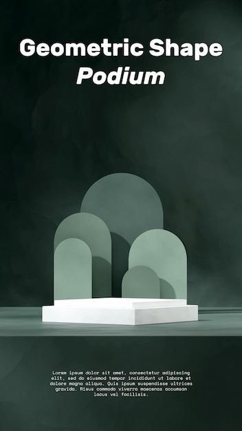Modelo de renderização 3d em forma de bloco branco pódio em arco verde retrato e textura de parede