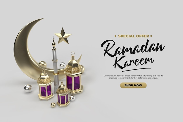 Modelo de renderização de ouro 3d islâmico para saudações de celebração do ramadã