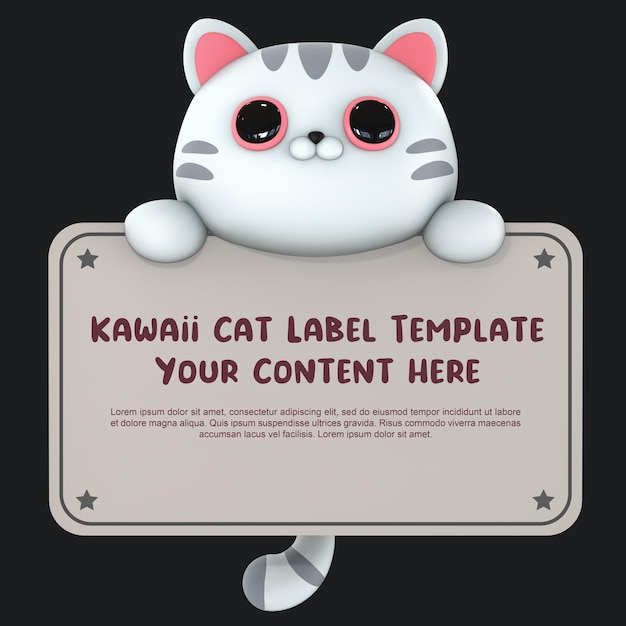 PSD modelo de rótulo de renderização 3d de gato fofo kawaii