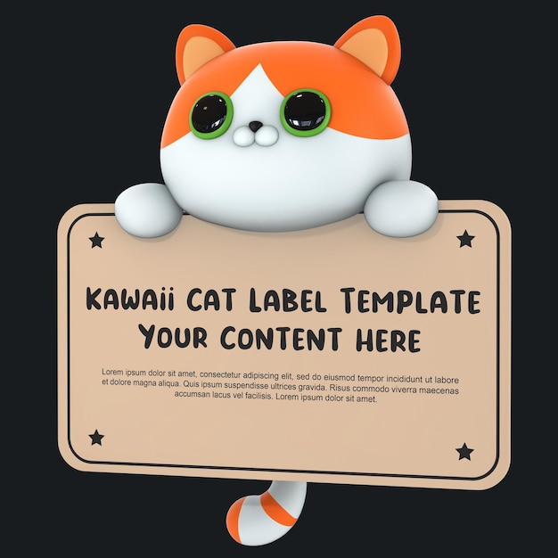 Modelo de rótulo de renderização 3d de gato fofo kawaii