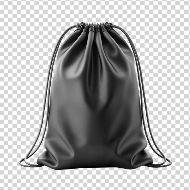 PSD modelo de saco de cordão preto isolado em fundo transparente