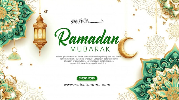 Modelo de saudação de Eid AlFitr Mubarak com mandala verde e lanterna