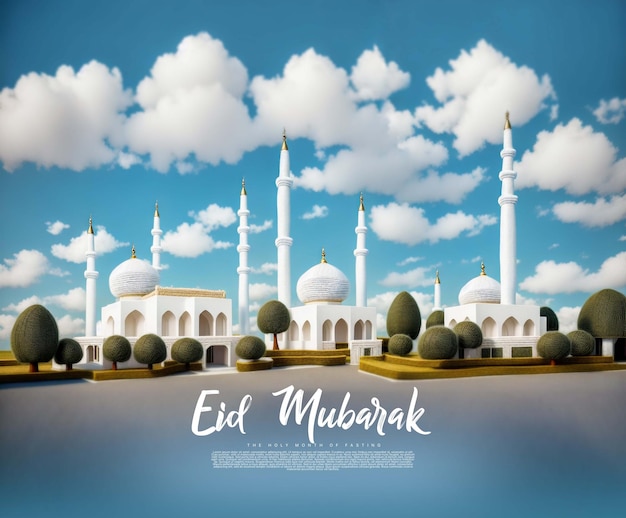 Modelo de saudações de eid mubarak com fundo de mesquita céu azul generativo ai