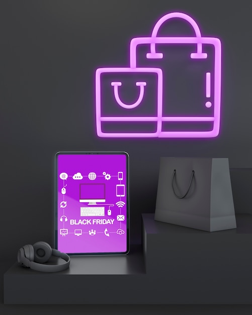 PSD modelo de tablet sexta-feira negra com luzes de néon roxas