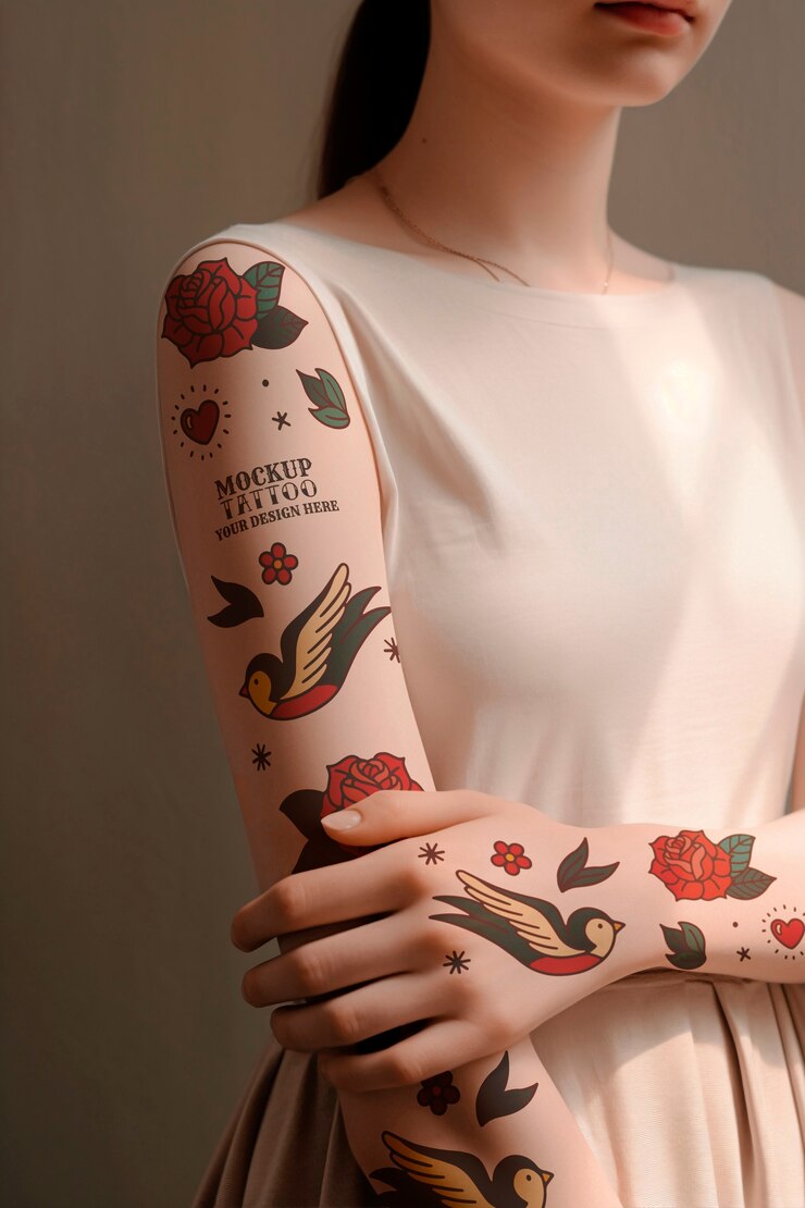 PSD modelo de tatuagem posando em uma maquete de estúdio