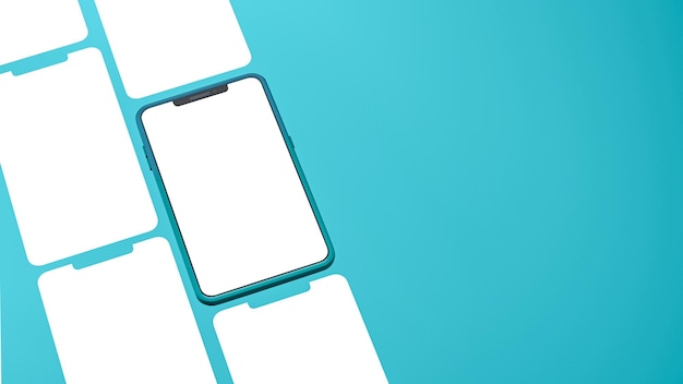 Modelo de tela múltipla em branco com vista superior de smartphone contra fundo turquesa renderização 3D