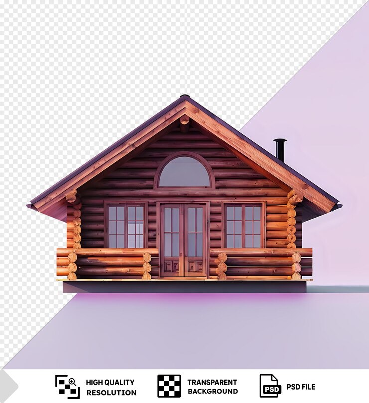 PSD modelo de uma cabana de madeira moderna com telhado castanho, madeira e porta castanha e grande janela contra um céu rosa. a cabana possui uma chaminé preta e é cercada por png psd.