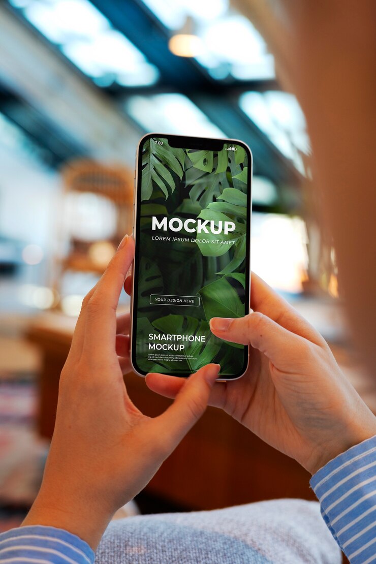 PSD modelo de vista superior segurando um smartphone