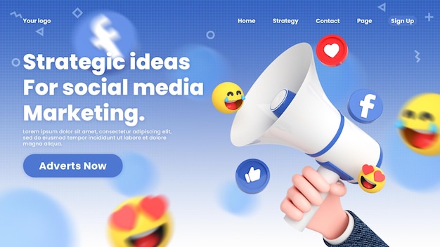 Modelo de web de página de destino do Facebook com logotipos de mídia social e ícone em torno do megafone 3d