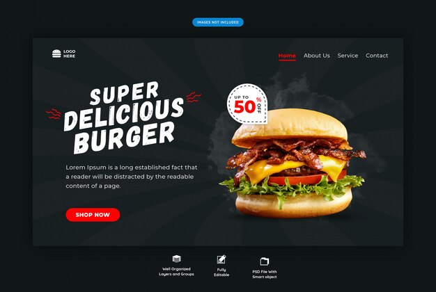 Modelo de web horizontal de hambúrguer de fast-food