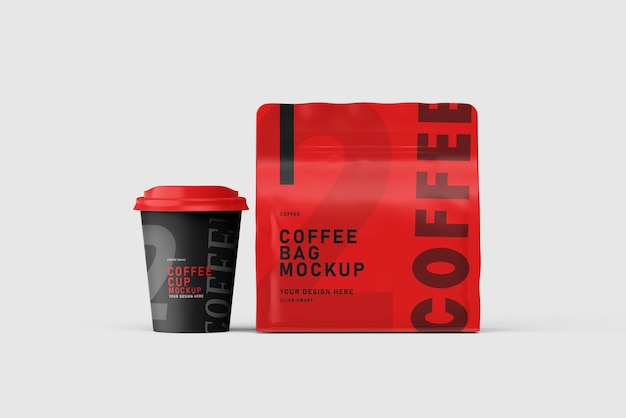 Modelo de xícara e saco de café