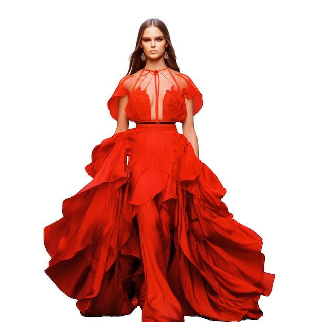 modelo con un elegante atuendo rojo en un fondo aislado huye del desfile de moda