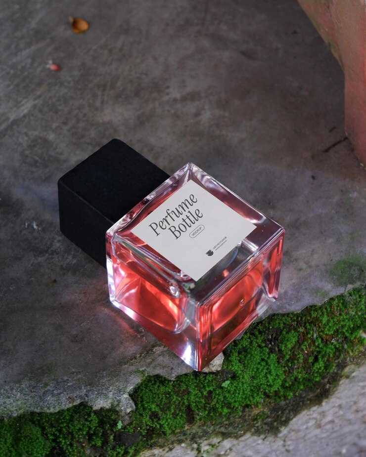Modelo de una elegante botella de perfume en una piedra con musgo a la luz natural