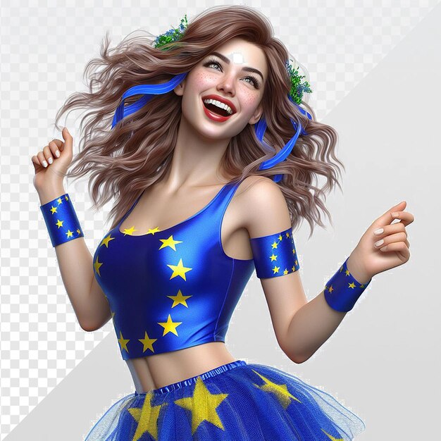 PSD modelo elegante sonriente con traje de bandera de la ue que se agita aislado en un fondo transparente