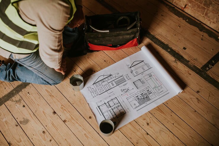 PSD modelo em papel em um canteiro de obras