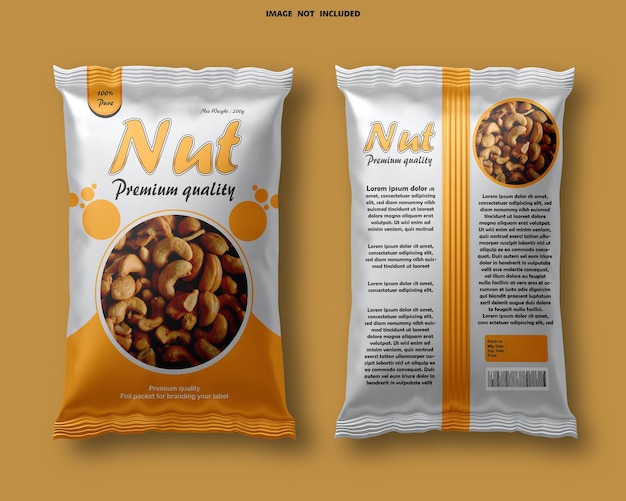 Modelo de embalaje de bocadillos de nueces de primera calidad en presentación en papel de aluminio