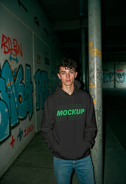 Modelo de entorno nocturno urbano con capucha
