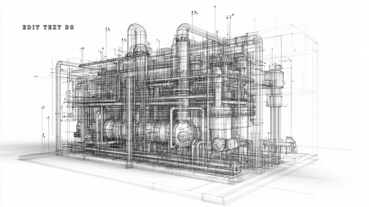 PSD modelo de estructura de alambre de maquinaria industrial compleja que muestra detalles intrincados de tuberías y estructuras