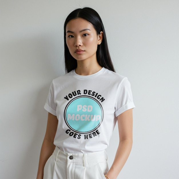 Modelo femenino con Gildan 5000 camiseta blanca en el estudio
