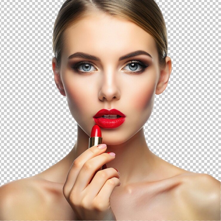 PSD modelo femenino publicitario de lápiz labial aislado en un fondo transparente