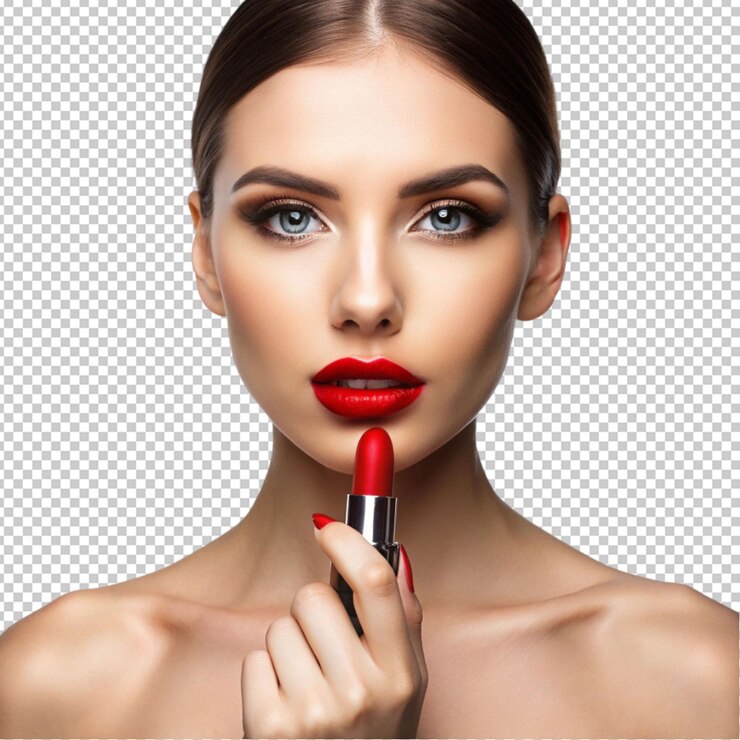 PSD modelo femenino publicitario de lápiz labial aislado en un fondo transparente