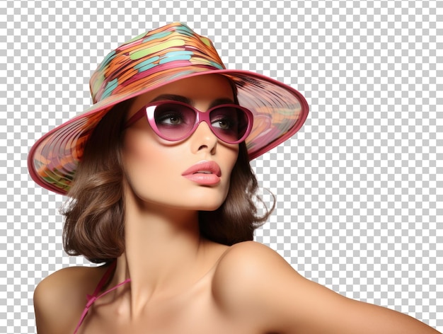 Modelo femenino con sombrero de verano y gafas aisladas sobre fondo transparente