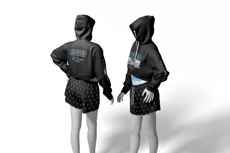 PSD un modelo de una figura femenina con una capucha con la palabra camiseta en ella