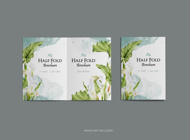 Modelo de folleto de media hoja A4 personalizable para presentar su diseño en 3D