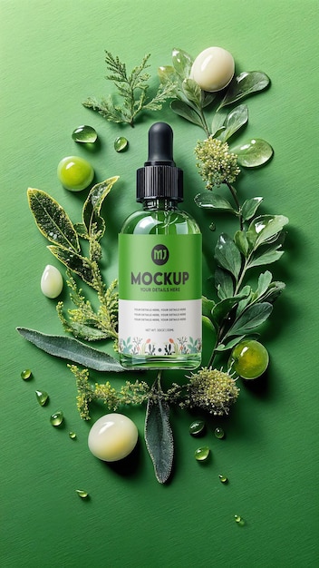 Modelo de frasco de suero con hojas verdes