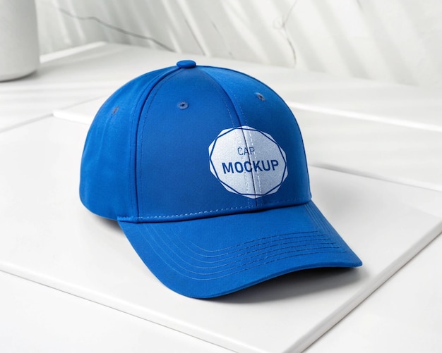 Modelo de gorra azul sobre fondo blanco