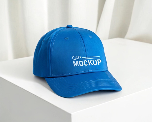 Modelo de gorra azul sobre fondo blanco