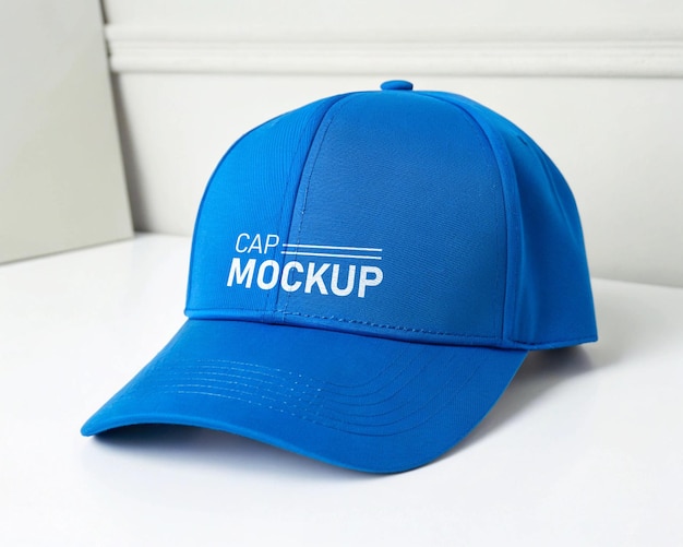 Modelo de gorra azul sobre fondo blanco