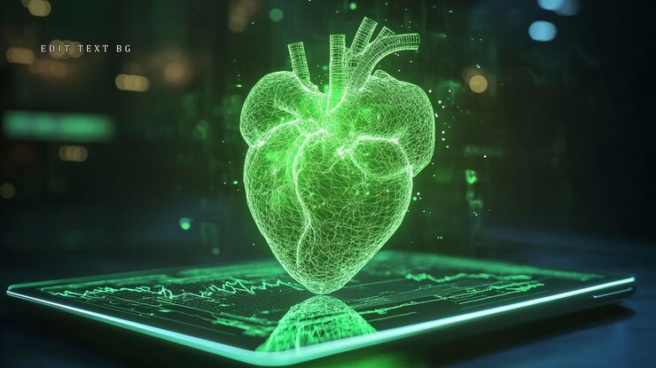 PSD modelo holográfico de coração humano verde em tablet digital brilhante conceito de tecnologia médica futurista