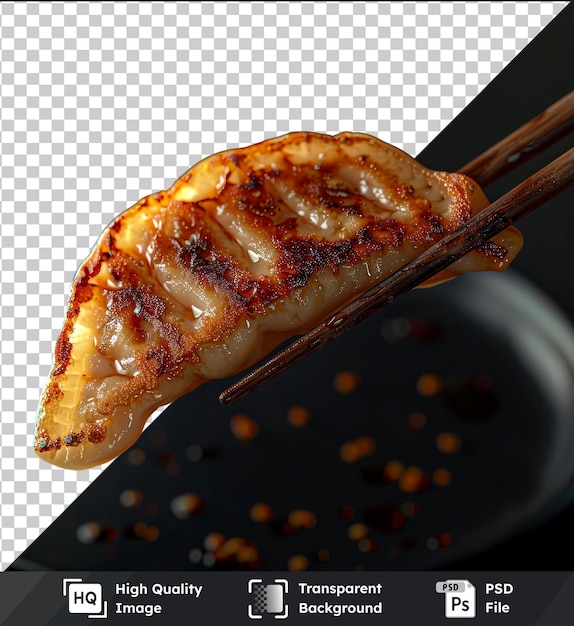 PSD modelo de imagen de psd transparente de palillos que sostienen un pedazo de gyoza en un plato negro