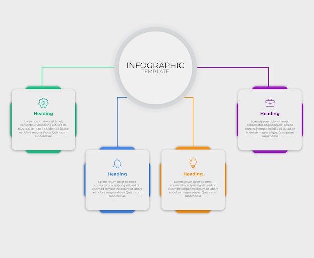 Modelo infográfico minimalista com quatro segmentos destacados e nó central